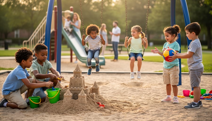 Children playing cooperatively on a preschool playground with adults and a school building in the background.