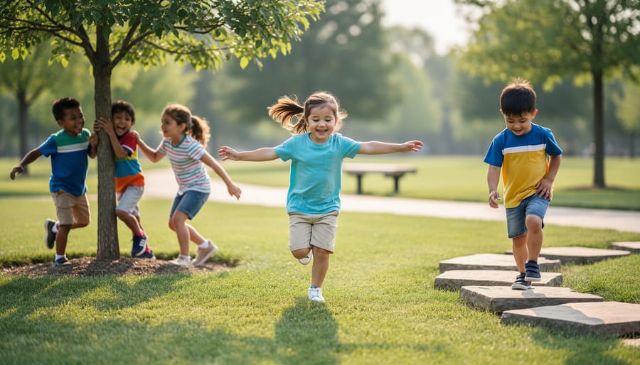 Preschooler running and dancing outdoors holding a colorful scarf in a park