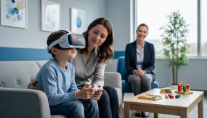 Child wearing a VR headset during a supervised therapy session, with a therapist and parent present in a calm clinical room.
