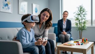 Child wearing a VR headset during a supervised therapy session, with a therapist and parent present in a calm clinical room.