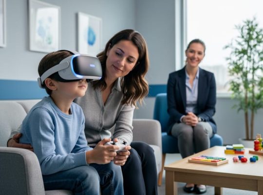 Child wearing a VR headset during a supervised therapy session, with a therapist and parent present in a calm clinical room.