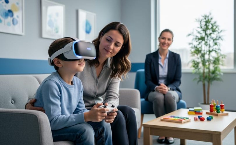 Child wearing a VR headset during a supervised therapy session, with a therapist and parent present in a calm clinical room.