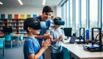 A child wearing a standalone VR headset in a public library while a librarian watches nearby to assist.