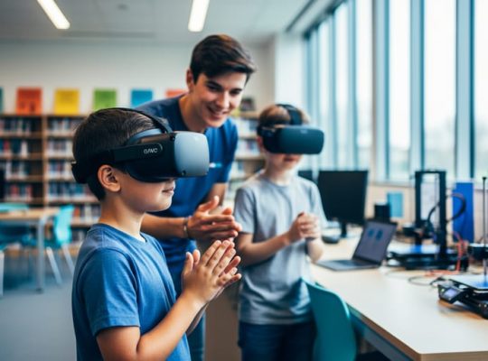 A child wearing a standalone VR headset in a public library while a librarian watches nearby to assist.