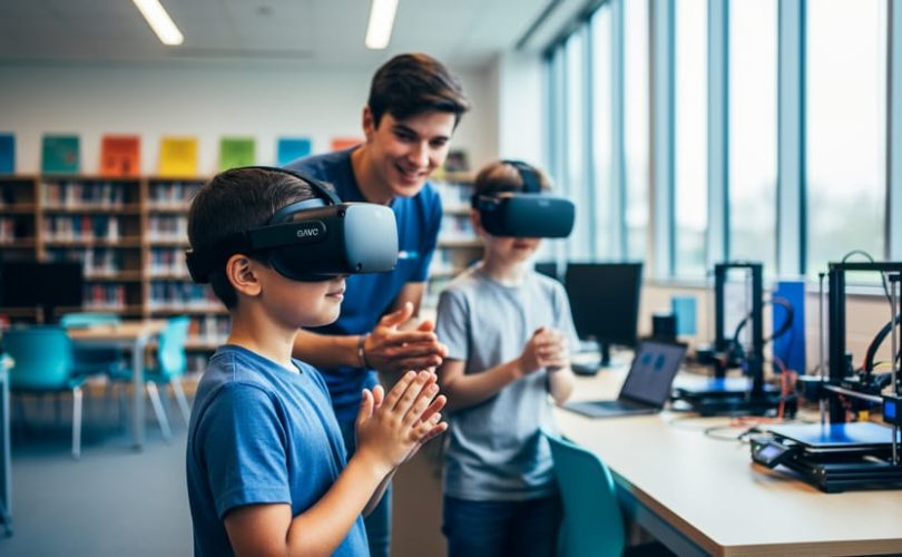 A child wearing a standalone VR headset in a public library while a librarian watches nearby to assist.
