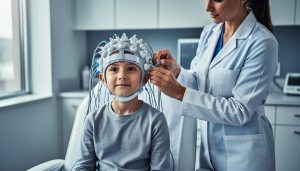 Child wearing an EEG head cap during a calm, non-invasive brain mapping session while a clinician adjusts sensor equipment nearby.
