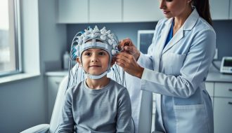 Child wearing an EEG head cap during a calm, non-invasive brain mapping session while a clinician adjusts sensor equipment nearby.