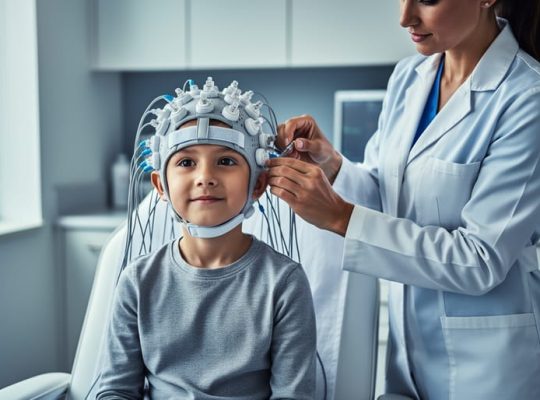 Child wearing an EEG head cap during a calm, non-invasive brain mapping session while a clinician adjusts sensor equipment nearby.