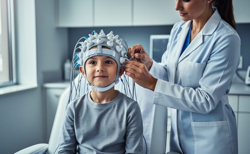 Child wearing an EEG head cap during a calm, non-invasive brain mapping session while a clinician adjusts sensor equipment nearby.