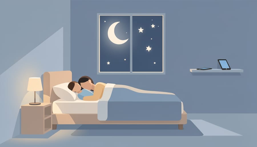 Smartphone face-down on a bedside table next to an analog alarm clock and bedtime books.