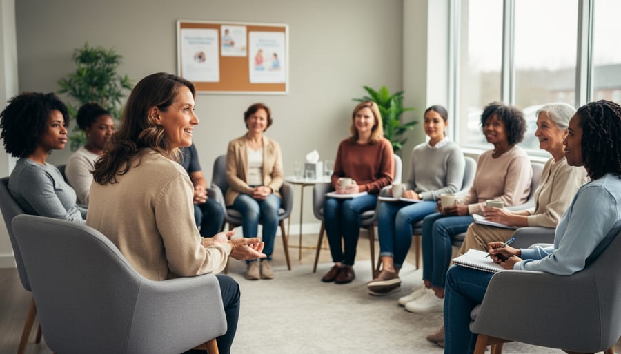 Parents sitting together in a circle at a community meeting, sharing support and resources.
