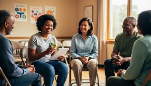 “A small group of special needs parents meeting together in a cozy community room, seated in a supportive circle.”