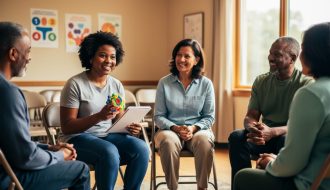 “A small group of special needs parents meeting together in a cozy community room, seated in a supportive circle.”