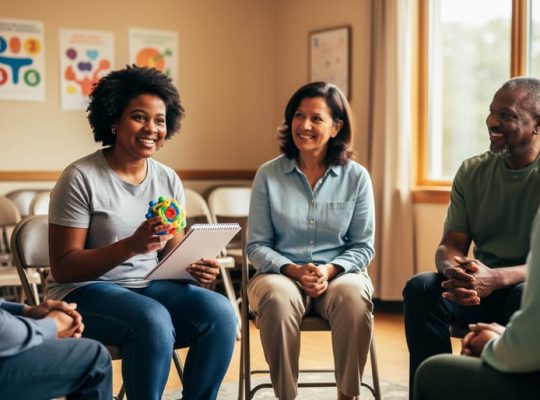 “A small group of special needs parents meeting together in a cozy community room, seated in a supportive circle.”