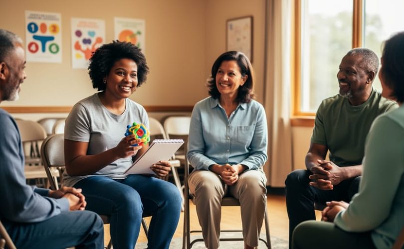 “A small group of special needs parents meeting together in a cozy community room, seated in a supportive circle.”
