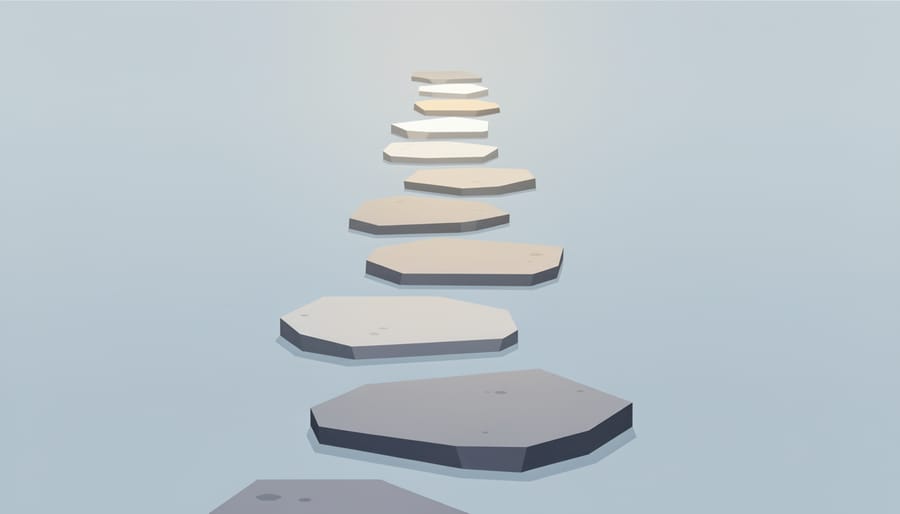 Stepping stones on a path leading toward bright light, symbolizing gradual progress and confidence building