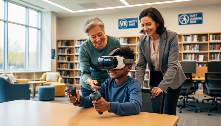 Child wearing a VR headset in a public library while a parent and staff member supervise nearby