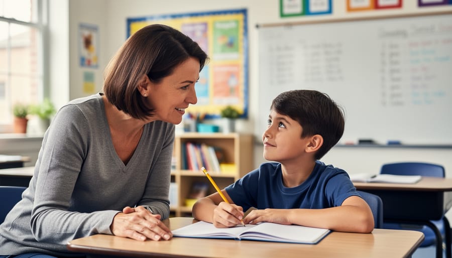 Teacher and child sitting together and reading in a classroom with attentive, supportive expressions.