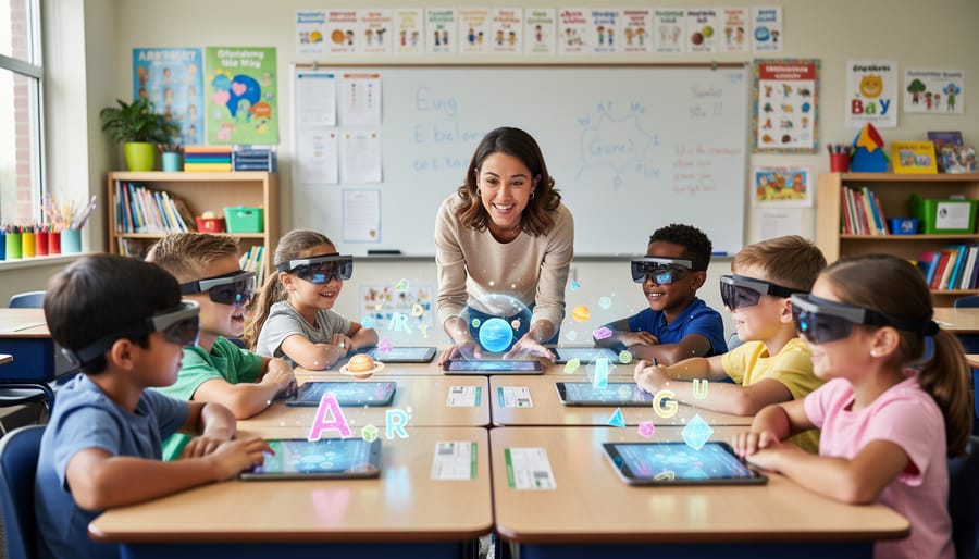 Teacher and children in a classroom using a tablet with subtle augmented reality visual overlays in the real space.