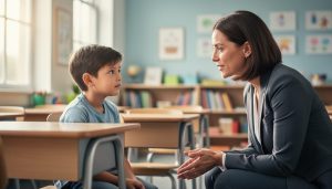 A teacher crouches at a child’s eye level in a classroom, listening attentively as the student sits calmly at a desk, showing trust and emotional support.