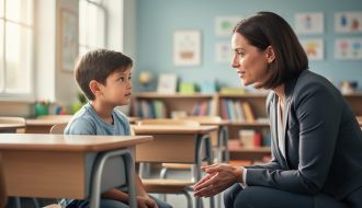A teacher crouches at a child’s eye level in a classroom, listening attentively as the student sits calmly at a desk, showing trust and emotional support.