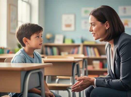 A teacher crouches at a child’s eye level in a classroom, listening attentively as the student sits calmly at a desk, showing trust and emotional support.