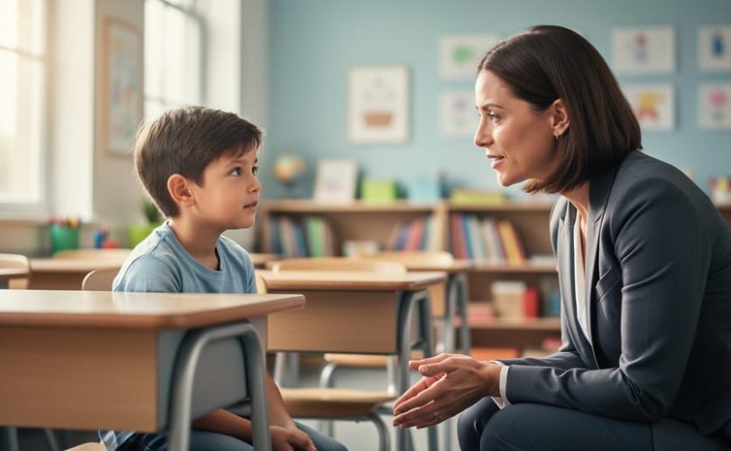 A teacher crouches at a child’s eye level in a classroom, listening attentively as the student sits calmly at a desk, showing trust and emotional support.