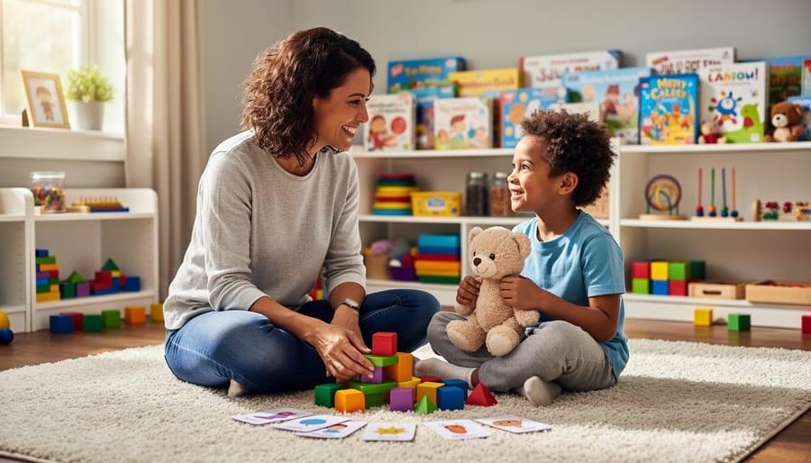 Therapist and child sitting on the floor with toy blocks in a calm office
