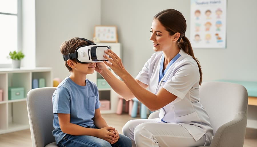 Therapist assisting a child with a VR headset in a clinical therapy room
