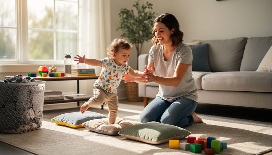 Parent and toddler playing together in a pillow-and-scarf obstacle course at home