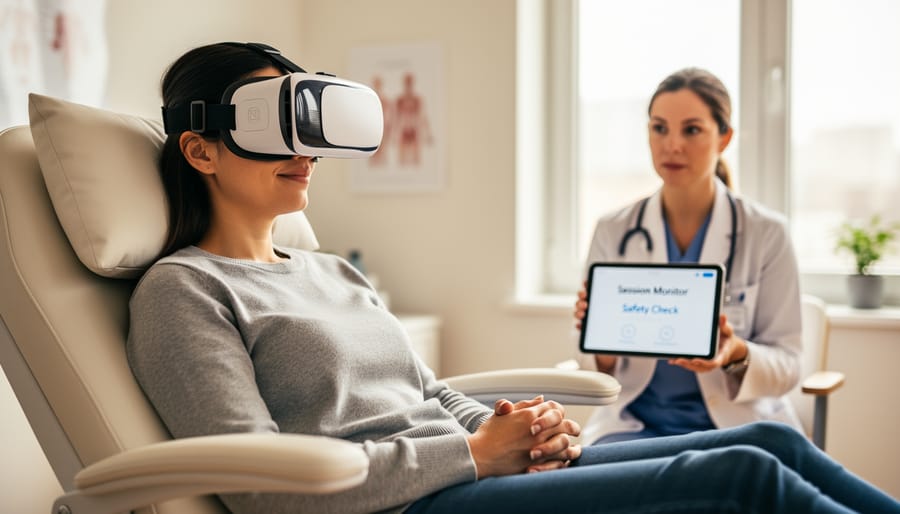 Therapist holding a controller near a padded chair in a therapy room