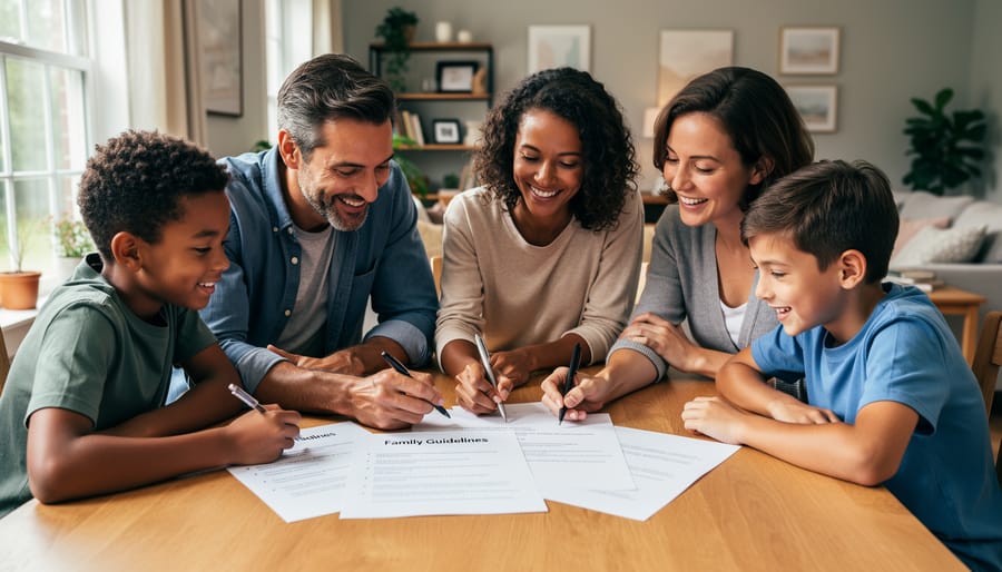 Teen and parent reviewing a blank notebook and a locked device case at home to represent age-appropriate digital boundaries.