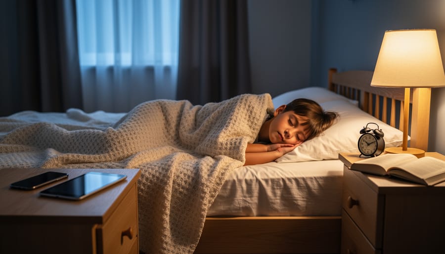 A sleeping child in bed at dusk with a phone charging face-down on a nightstand.