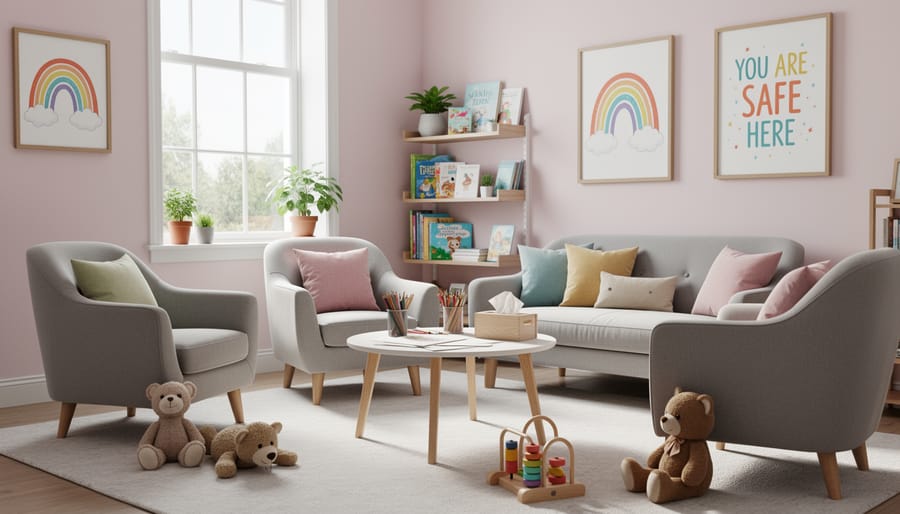 Open notebook and cozy seating in a quiet counseling room designed for children.