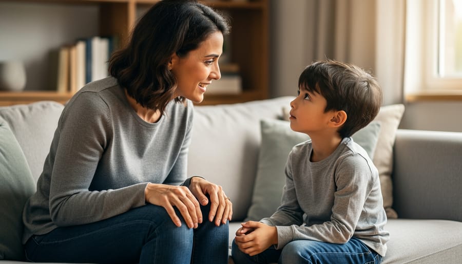 Parent and child sit facing each other calmly on the floor in a cozy living room, emphasizing attentive connection.