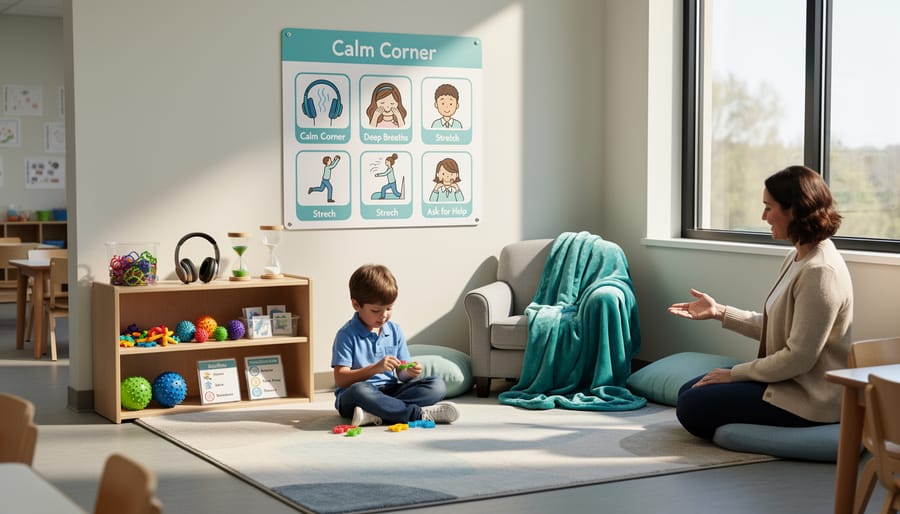A child-friendly calming sensory setup with a weighted blanket and fidget toy in a quiet home corner.
