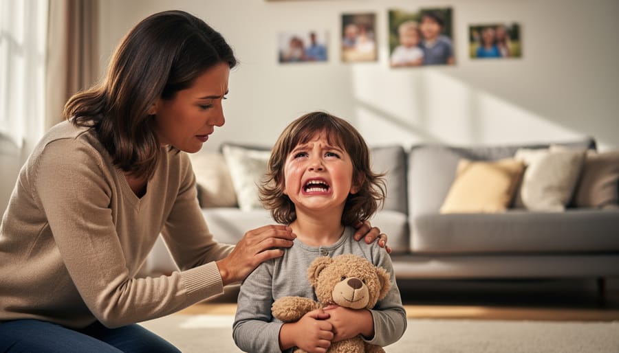 A caregiver kneels beside a crying child in a comfortable living room, offering gentle support.