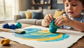 Close-up of a child’s hands squeezing clay and painting swirling colors on paper at a home table in soft natural light.