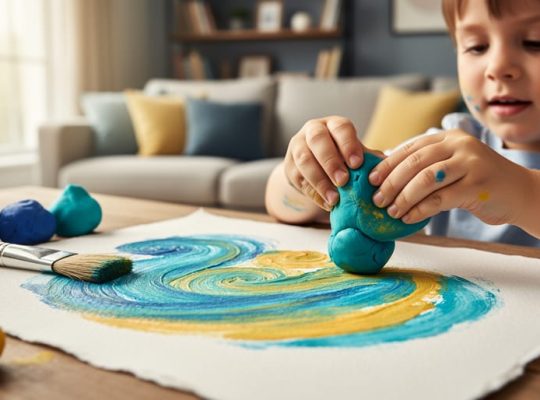 Close-up of a child’s hands squeezing clay and painting swirling colors on paper at a home table in soft natural light.