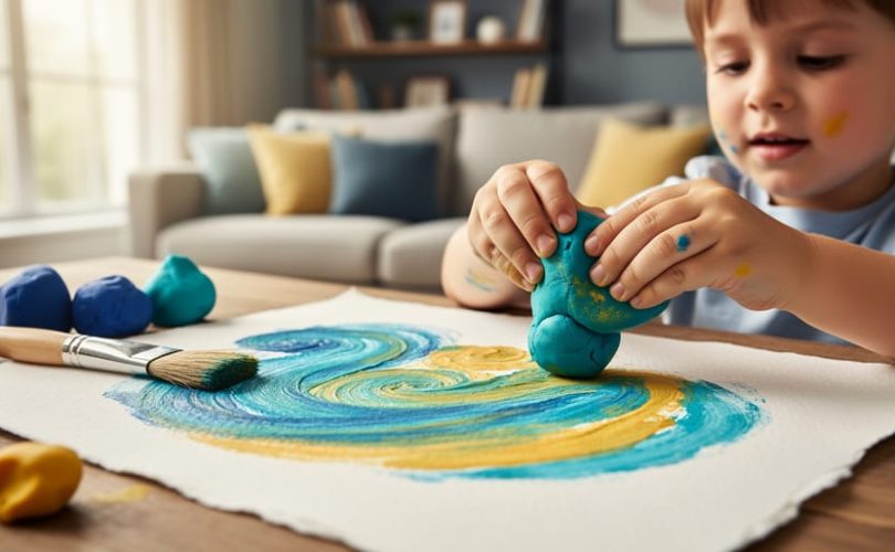 Close-up of a child’s hands squeezing clay and painting swirling colors on paper at a home table in soft natural light.