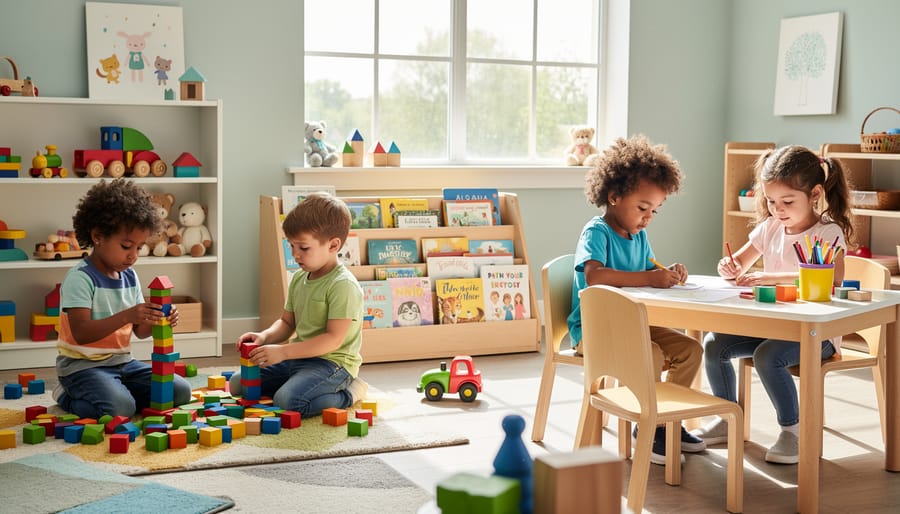 A child actively chooses and places blocks while a caregiver watches with support in the background.