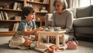 A caregiver and child playing a pretend kitchen scene together with toy dishes, a small table, and a doll on the floor.