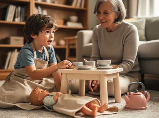 A caregiver and child playing a pretend kitchen scene together with toy dishes, a small table, and a doll on the floor.