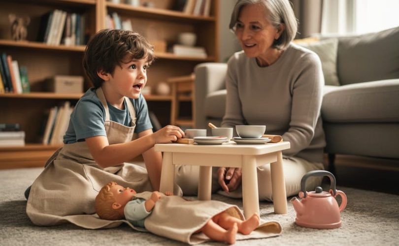 A caregiver and child playing a pretend kitchen scene together with toy dishes, a small table, and a doll on the floor.