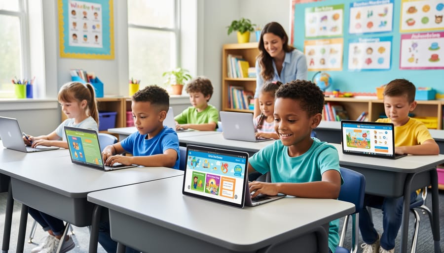 Close-up of a child’s hands using a tablet to practice digital learning skills in a home study setting.