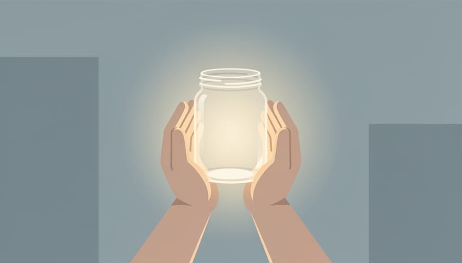 Close-up of a child’s hands holding a small glass jar with a gentle warm glow inside.