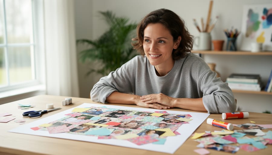 Child holding a colorful collage near a window with a parent nearby, showing a hopeful expression.