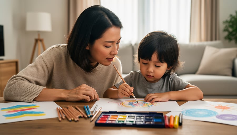 Child drawing with colored pencils on a sheet of paper while a parent sits nearby in supportive silence.