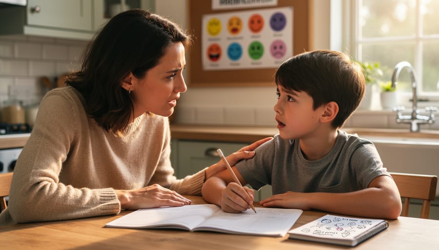 A child and parent sit together at a desk, the child reflecting calmly while learning materials are nearby.