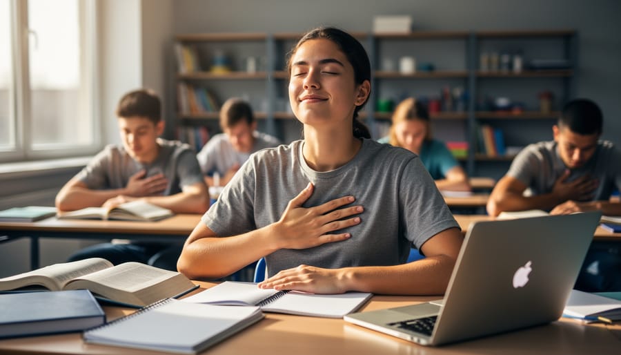 A child in a classroom takes a calming breath while holding a stress-relief item near learning materials.